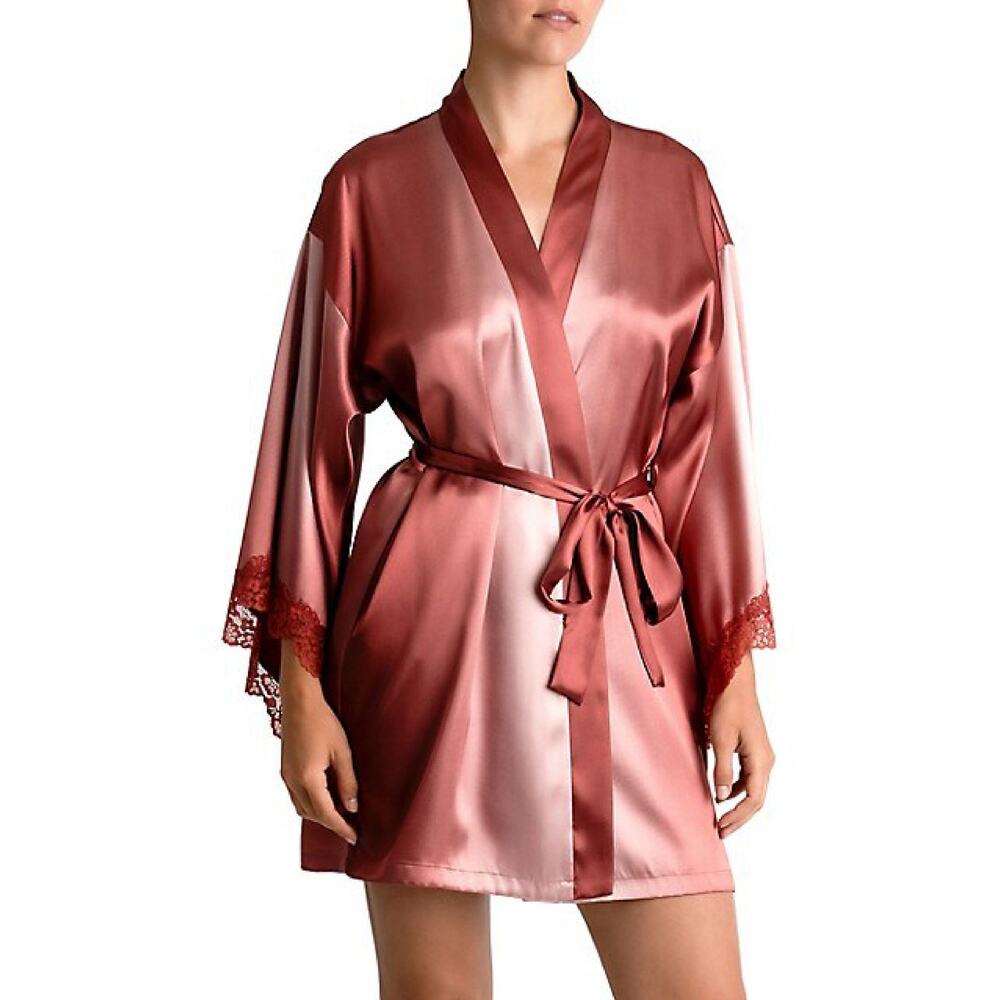 NWT In Bloom Women's Nicole Lace Trim Luxe Satin Lightweight Waist Tie Robe